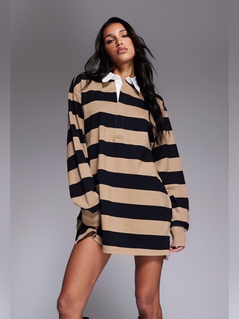 Good American Jersey Polo Rugby Dress in Mineral & Black Strioe NWT Size Small